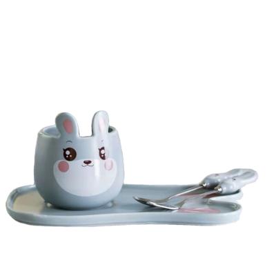 China Sustainable Cute Cartoon Animal Shape Kids Ceramic Milk Cup With Tray And Spoon for sale