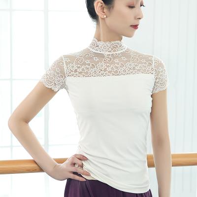 China from above & Tees White Pink Short Sleeve Mock Neck Lace Ballet Girls Ballet Wear Dance Top for sale