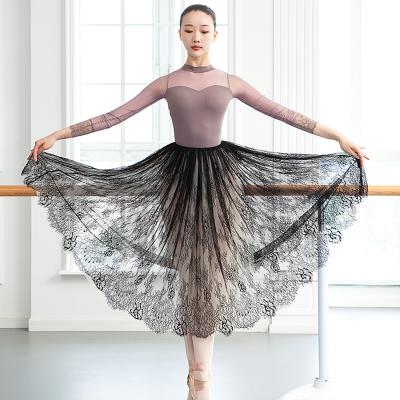 China Soft Elegant Romantic Bow Length 2 Layers Tulle Lace Pull On Dance Skirt for sale