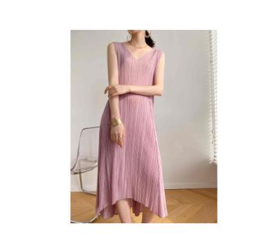 China 2022 Summer New Breathable Women Swing Dresses Pleated Corset Tie Dress Elegant Sleeveless Skirt for sale