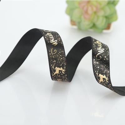 China 100% Recyled Polyester New Foil Gold Printed Christmas Grosgrain Ribbon Christmas Ribbon For Gift Wrapping for sale