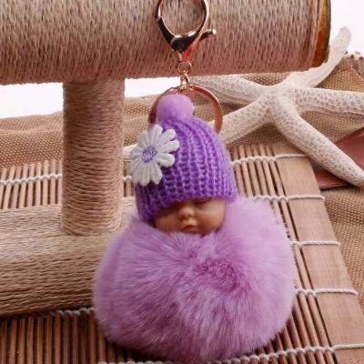 China Hot Selling Cute Polyester Baby - Doll Toy Drop Ship Sleep Baby Key Chains For Women Bag With Pom Pom Keychains for sale