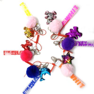 China PVC Ball Fox Fur Pom-Pom Keychain Lanyard With Colorful Artificial Puff Rainbow Fashion Promotion Promotions for sale