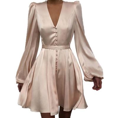 China 2022 New Breathable Breathable Satin Ladies Ruched V-Neck Dress Dresses Pleated V-Neck Elegant Dress Women for sale