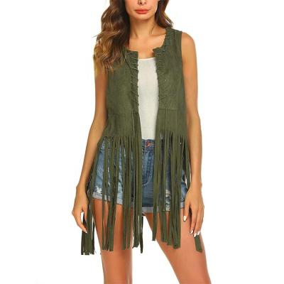 China Women's Fringe Vest Faux Suede Tassels 70s Hippie Costume Open-Front Sleeveless Vest Anti-Shrink for sale