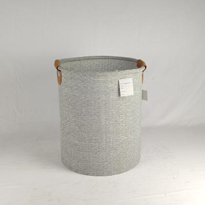 China Sustainable Round Polyester Knitted Laundry Basket With Leather Handle for sale