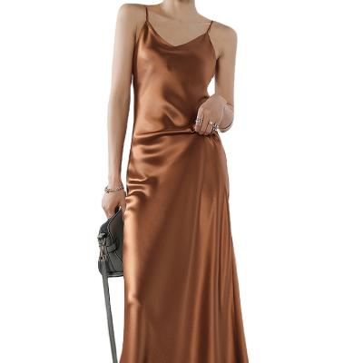 China Ladies Elegant Long Acetic Women's Slim Sleeveless Silk Dress OEM ODM Summer Breathable Satin Custom Made Solid Color Slip for sale