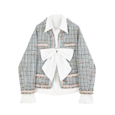 China Custom Made Women's Tweed Jacket 2021 OEM ODM Tee Bow Tweed Breathable Blazer for sale