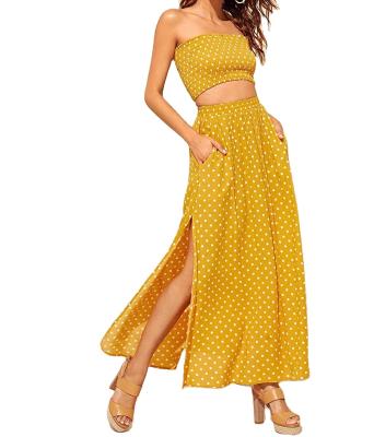 China Custom QUICK DRY Floral Women's ODM Outfit 2 Piece Polka Dots Crop Top and Long Side Slit Skirt Set for sale