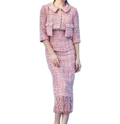 China OEM ODM QUICK DRY custom tassel suit two piece tweed set long skirt set for sale