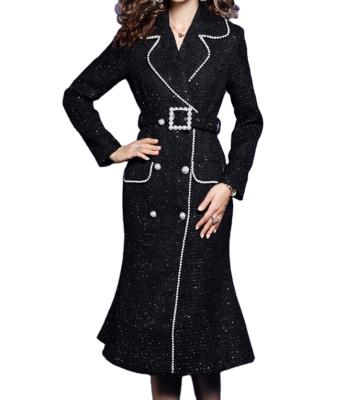 China OEM ODM Ditch Coat Sashes QUICK DRY Custom Office Long Coated Women Ladies V-Neck Tweed Outwear for sale