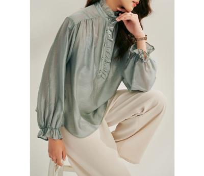 China OEM ODM ODM Vintage Perspective Long Sleeve Shirts Ladies Breathable Custom Tops Ruffle Silk Women Blouse for sale