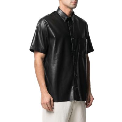 China Custom New Arrivals ODM OEM Anti-Wrinkle Short Sleeve Men's Black Lambskin Leather Shirt With Front Pocket for sale