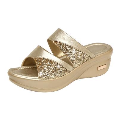 China Fashion Trend Summer Light Gold Platform Slippers Thick Bottom PU Outsole Ladies Platform Sandals Slippers For Women Wedge Loafers for sale