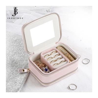 China Mini Pink Velvet Zipper Jewelery Jewelry Travel Box With Mirror for sale