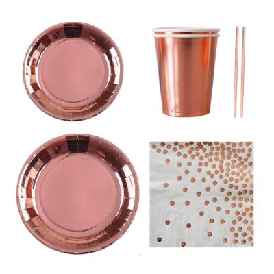 China Scandinavian Rose Gold Foil Paper Plates Napkins Cups Disposable Straws Dishes Party Wedding Dishes and Dishes Dinnerware Sets for sale