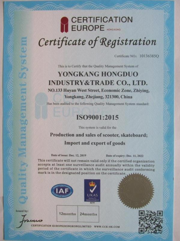 ISO9001 - Yongkang Hongduo Industry&Trade Co., Ltd.