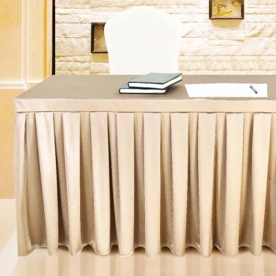 China Repeat Use Backing Samples One Piece 100% Polyester Farmhouse Color Pleated Meeting Fabric Table Skirt Banquet Elegant Fancy for sale