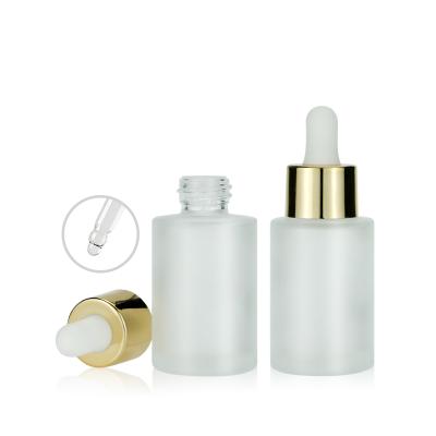 China 1oz 30ml Unique Cosmetic Clear Glass Matte Gold Dropper Serum Bottle Luxury Rubber Container For Hair Oil for sale