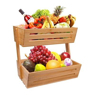 China Good Quality Multifunctional Home Sustainable Storage Bamboo 2 Tier Basket Wooden Supermarket Fruit Snack Racks for sale