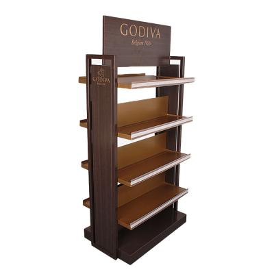 China 4 Layers High-end Double Sided Wooden Famous Wooden Display Rack Chocolate Candy Display Rack Snacks Store Brand for sale