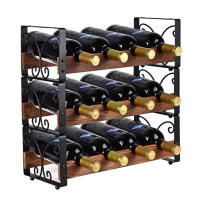 China Countertop Metal 3-Tier Wine Bottle Stand Freestanding Stackable Glorifier Shelf Wooden Wine Glass Rack for sale