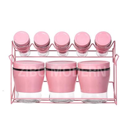 China Sustainable Coated Metal + Glass Pink Color Spice Rack Holder With 6 Shaker And 3 Canister - Spice Storage Rack for sale