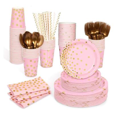 China Custom Eco-friendly Disposable Pink and Gold Birthday Party Disposable Tableware Sets Paper Plate Cup Set for sale