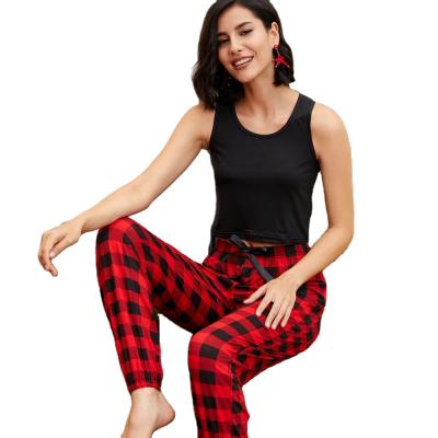 China New breathable two-piece spring grid and suspender suit sexy casual top red home service summer pajamas pants suit for sale