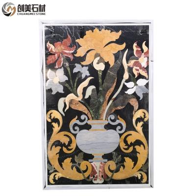 China Modern Luxury Waterjet Stone Cut Square Marble Flower Design Curved Black Medallion For Home Decor for sale