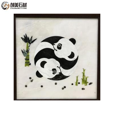 China Modern Hand Made Panda Painting Waterjet Square Marble Inlay Medallion For Villa for sale