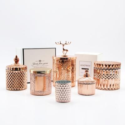 China Luxury Bulk Candle Container Rose Gold Electroplated Empty Candle Vessel Jar With Lid for sale