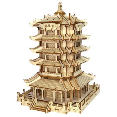 China DIY TOY New Product Simulation Ancient Building Model Wooden Laser Cutting Blocks 3D Stereoscopic Puzzle for sale