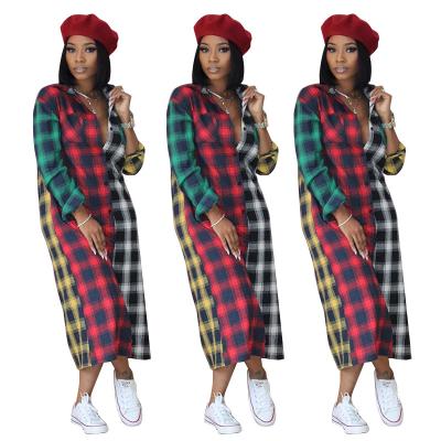 China WB9089 Best Quality Breathable Casual Autumn Plaid Dresses Ladies Dresses Patchwork Plaid Long Shirt Dress for sale