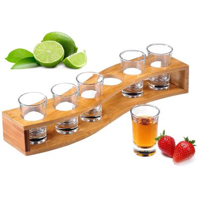 China New 2022 Viable High Quality Beer Sample Flying Bamboo Palette With 6 Holes Bamboo Beer Sample Serving Tray for sale