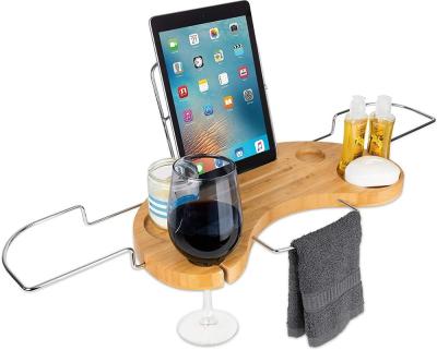 China Tub Caddy Tray Expandable Organizer Detachable Bamboo Sustainable Tablet Folder, Wine Glass Holder, Smartphone Holder for sale