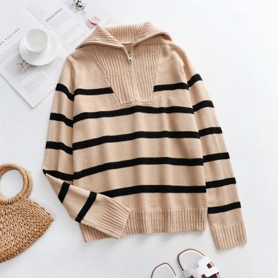 China Breathable Fall Knit Wholesale Women V-Neck Stripe Top Long Sleeve Knitted Ladies Oversized Sweater for sale