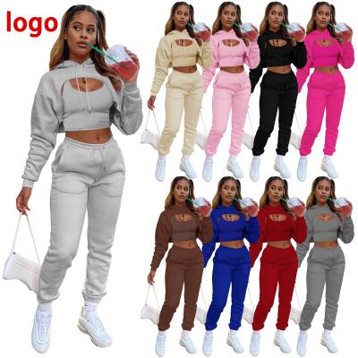 China Ladies 3 Pcs Viable Casual Sweatsuit Solid Hooded Bodycon Sports Clothing Plus Size Three Piece Women Jogging Tracksuit Set for sale