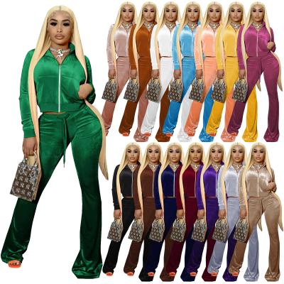 China Sustainable Velor Zipper Velor Tracksuits 2 Piece Set Crop Top Velor Pants Jogging Sportswear Two Piece Velor Set Suit for sale