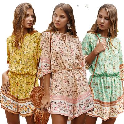 China 2022 amazon summer hot sale casual elegant one-piece jumpsuit QUICK DRY short women cotton boho brint suits for sale