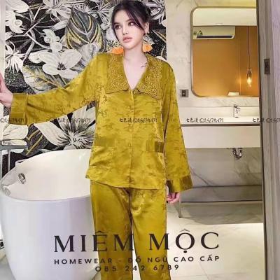 China New Arrivals QUICK DRY Luxury Silk Women's Long Pajamas Floral Striped Satin Sleeve Pajamas Sleepwear for sale