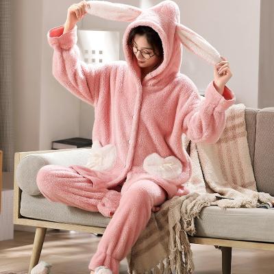 China Wholesale Women's Thermal Winter Sleepwear Coral Pajamas Set Plus Size Cartoon Solid Sleepwear for sale