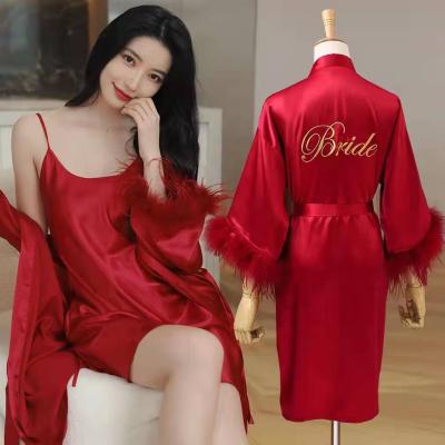 China Wholesale QUICK DRY feather kimono satin new arrival wedding silk robe long robe for women plus size summer silk bathrobe for sale