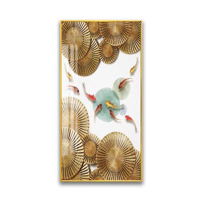 China Abstract Gold Fishes Painting Abstract Modern Style Lotus And Golden Fish Crystal Porcelain Painting For Decor for sale