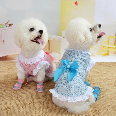 China 2021 Summer New Viable Blue Pink Dot Lace Shirt Dress Pet Clothes With Bowknot for sale