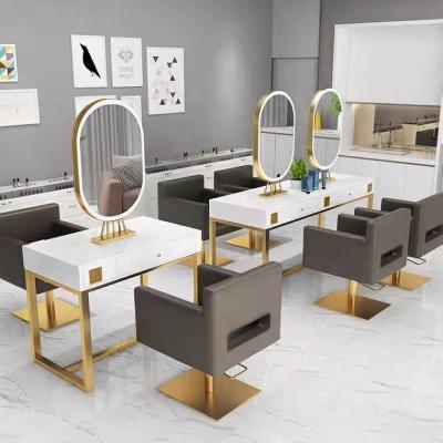 China Hot Selling Strong Double Sided Hair Salon Styling Mirrors Lockable Barber Station Cabinets Mirror Table for sale