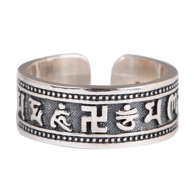 China Really Wholesale 925 Sterling Silver Thai Ethnic Silver Ring With Retro Buddhist Scriptures For Man Woman for sale