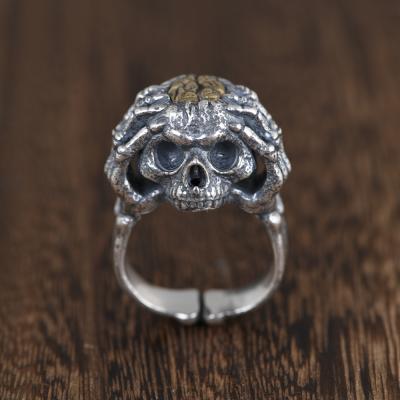 China Vintage 990 Sterling Silver Thai Punk Personality Adjustable Skull Bone Ring Mens Jewelry Gift for sale