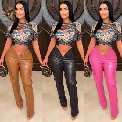 China Fashionable New Anti-Static Cool Girl Wear Women's V Waist Breasted Cargo Pants High With Pockets PU Pants Overalls Cargo For Women for sale