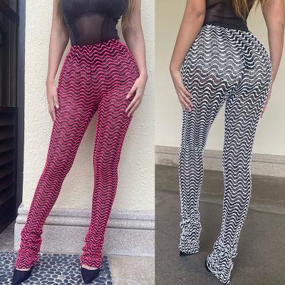 China Running Colorful Stripe Mesh Pants Ladies Knitted Slim High Waist Breathable Women's Pants And Trousers Fitted Stacked Pants For Women for sale